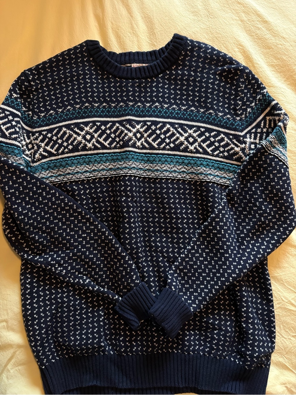 Merona Navy Patterned Crewneck Sweater with White & Teal Accents